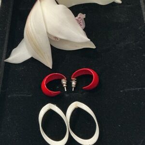 Vintage Red and White Enamel Crescent Earrings Set